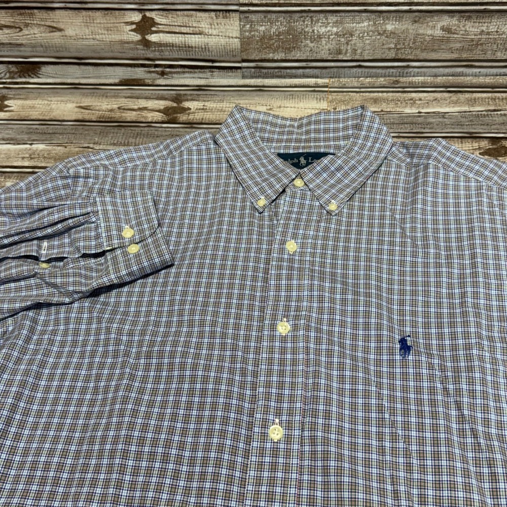 Ralph Lauren Button Down Shirt Men 16.5 32/33 Blue Plaid Classic Fit Long Sleeve